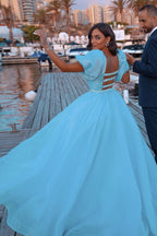 Magnifique robe de bal longue sirène à manches bouffantes avec sequins et traîne en tulle amovible