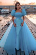 Magnifique robe de bal longue sirène à manches bouffantes avec sequins et traîne en tulle amovible