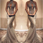 Robe de bal longue sirène magnifique, sexy, en dentelle pailletée, sans manches