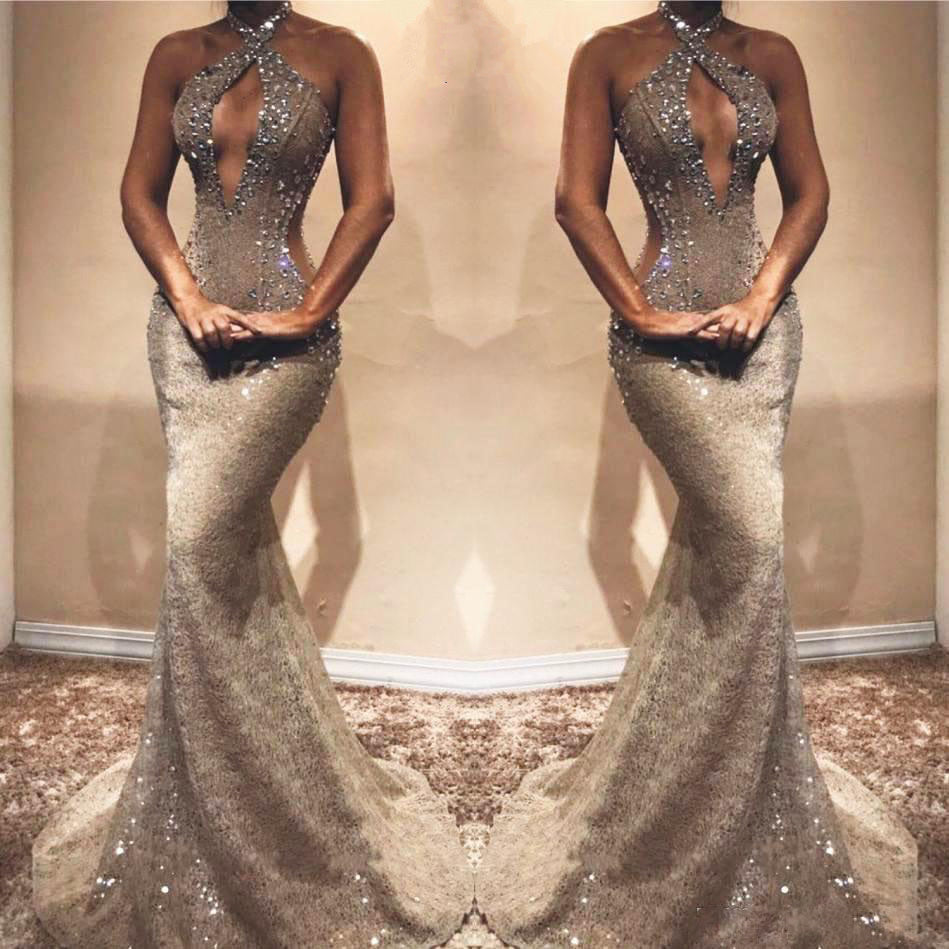 Robe de bal longue sirène magnifique, sexy, en dentelle pailletée, sans manches