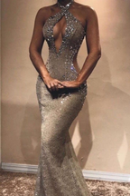 Robe de bal longue sirène magnifique, sexy, en dentelle pailletée, sans manches
