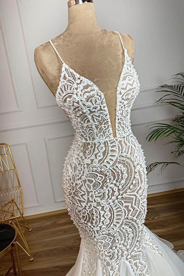 Magnifique robe de mariée longue sirène en organza avec dentelle perlée et décolleté cœur