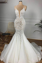 Magnifique robe de mariée longue sirène en organza avec dentelle perlée et décolleté cœur