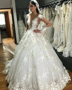 Vestido de Noiva Deslumbrante Comprido Princesa com Aplicações, Decote Bateau, Renda, Costas Descobertas, Folhos e Mangas