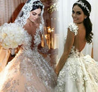 Vestido de Noiva Deslumbrante Comprido Princesa com Aplicações, Decote Bateau, Renda, Costas Descobertas, Folhos e Mangas