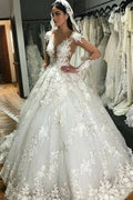 Vestido de Noiva Deslumbrante Comprido Princesa com Aplicações, Decote Bateau, Renda, Costas Descobertas, Folhos e Mangas