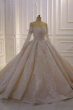 Splendido abito da sposa lungo con maniche lunghe, scollo a spalle scoperte, applicazioni e pizzo a balze