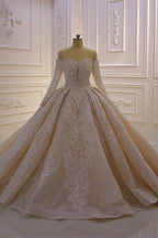 Splendido abito da sposa lungo con maniche lunghe, scollo a spalle scoperte, applicazioni e pizzo a balze