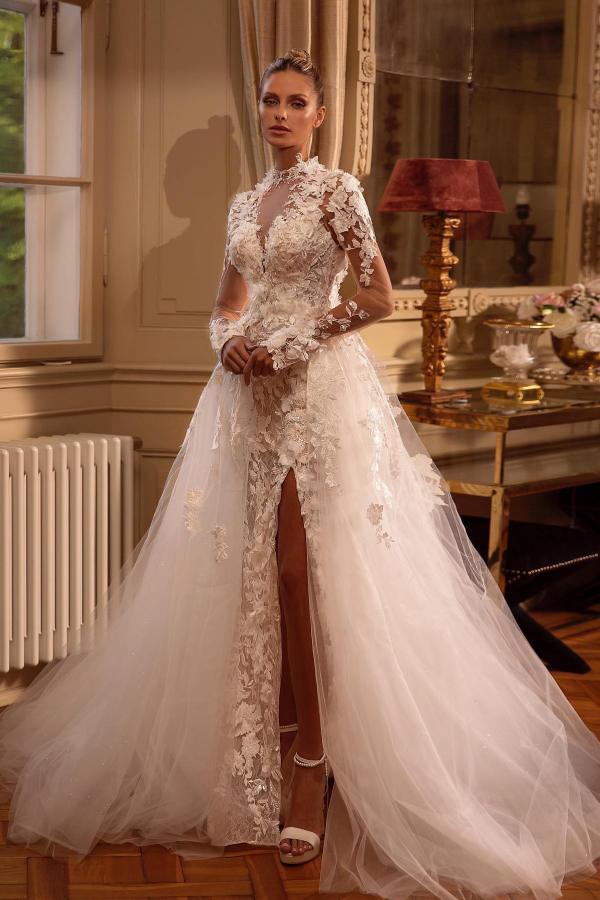 Vestidos de Noiva Deslumbrantes com Mangas Compridas, Corte em A, Decote em Joia, Tule, Renda e Costas Descobertas com Fenda