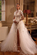 Vestidos de Noiva Deslumbrantes com Mangas Compridas, Corte em A, Decote em Joia, Tule, Renda e Costas Descobertas com Fenda