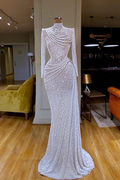 Vestido de Baile Branco Longo de Sereia com Gola Alta e Lantejoulas, Mangas Compridas