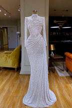 Vestido de Baile Branco Longo de Sereia com Gola Alta e Lantejoulas, Mangas Compridas