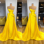 Superbe robe de bal longue jaune en ligne A, sans manches, ornée de paillettes