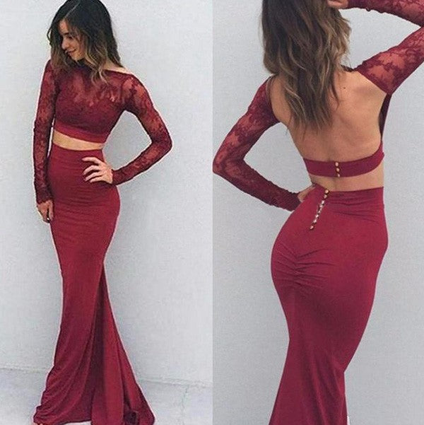 Splendido Abito da Sera a Fondo Lungo con Maniche Lunghe in Spandex e Scollo a Barca da Sirena