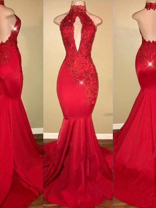 Superbes robes de bal sans manches à col licou avec applications en charmeuse sirène