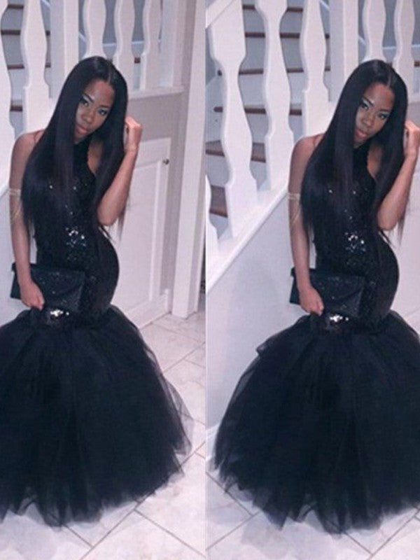 Superbes robes de bal longues jusqu'au sol en tulle à paillettes, sans manches, à col licou, style sirène