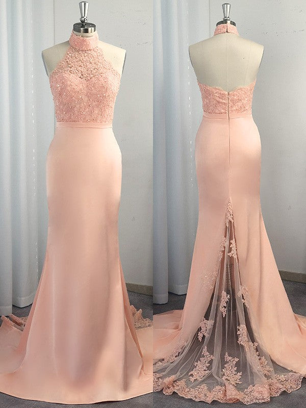 Vestidos de Baile Deslumbrantes de Cetim com Renda, Sem Mangas e com Alças ao Pescoço, Estilo Sereia