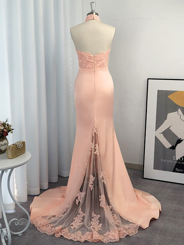 Vestidos de Baile Deslumbrantes de Cetim com Renda, Sem Mangas e com Alças ao Pescoço, Estilo Sereia