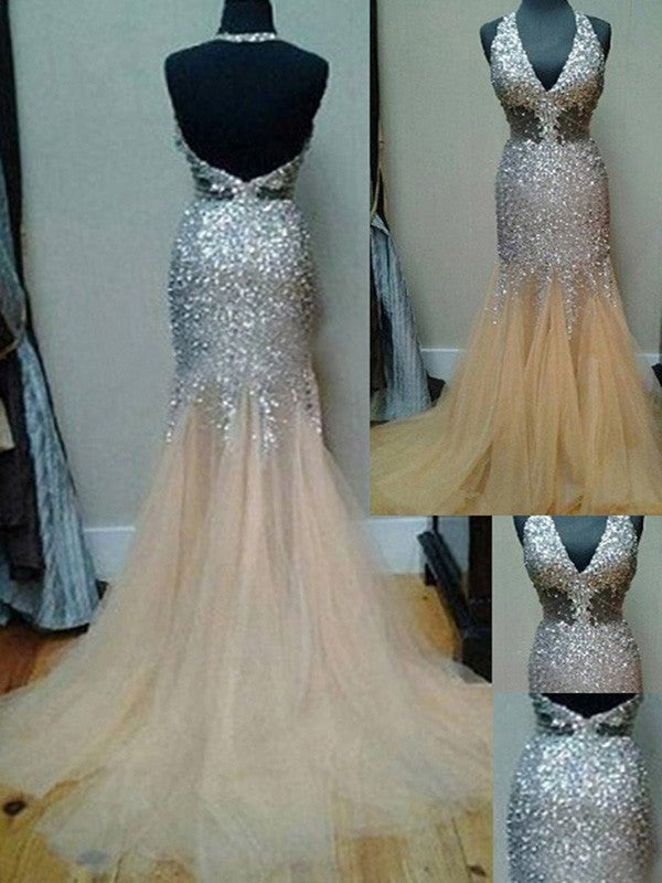 Gorgeous Mermaid Halter Sleeveless Tulle Sequin Court Train Prom Dresses