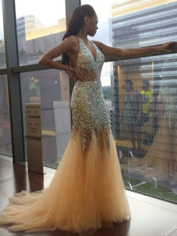 Gorgeous Mermaid Halter Sleeveless Tulle Sequin Court Train Prom Dresses