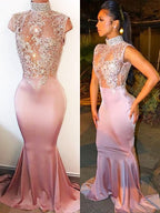 Superbes robes de bal en satin dentelle sans manches à col haut style sirène