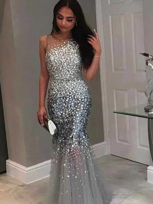 Superbes robes de bal longues jusqu'au sol en tulle à paillettes, sans manches, ornées de bijoux sirène