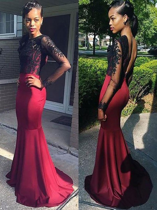 Superbe robe de bal en satin tissé élastique à manches longues et encolure bateau style sirène