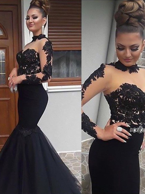 Superbe robe de bal longue en tulle avec manches longues, col montant et appliques, longueur au sol, style sirène