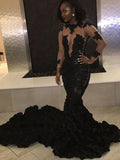 Vestidos de Baile com Cauda de Capela, Aplicação de Renda com Pedraria, Mangas Compridas, Modelo Sereia Deslumbrante