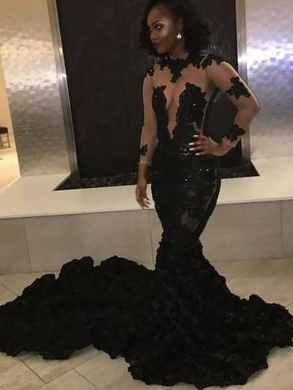 Vestidos de Baile com Cauda de Capela, Aplicação de Renda com Pedraria, Mangas Compridas, Modelo Sereia Deslumbrante