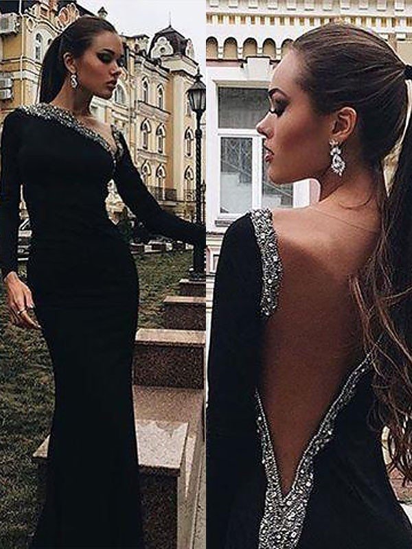 Splendido Abito da Sera con Maniche Lunghe, Monospalla, in Spandex con Perline a Tema Sirena
