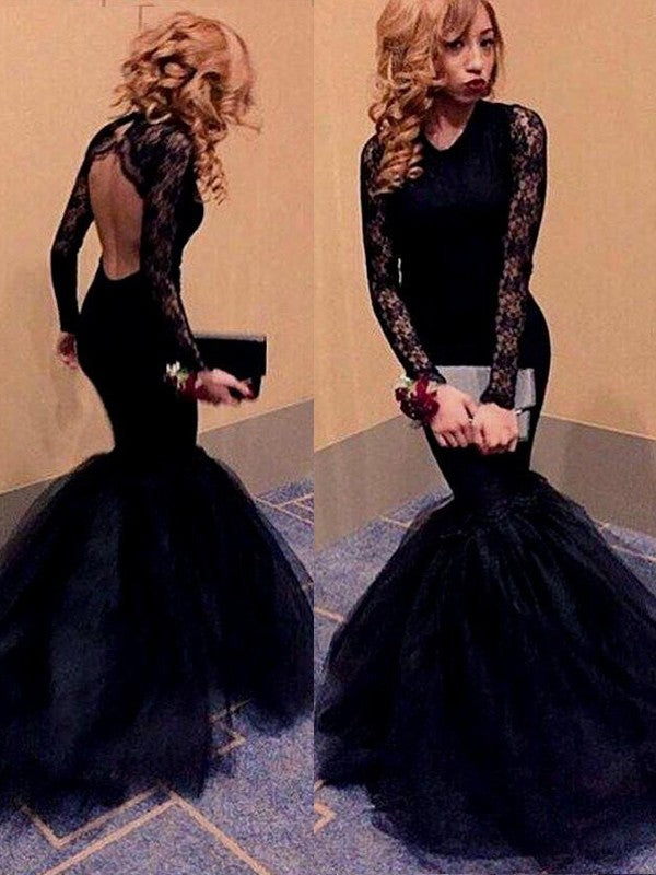 Superbes robes de bal longues à manches longues en dentelle et tulle à encolure dégagée style sirène