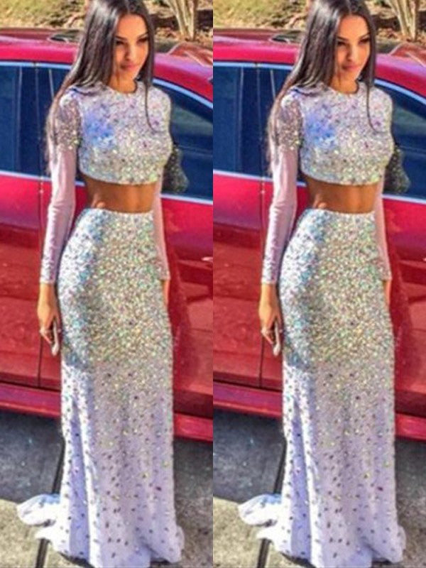 Superbe robe de bal deux pièces en mousseline à paillettes, manches longues et encolure arrondie, style sirène