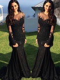 Robe de bal magnifique à manches longues, col transparent, appliqué, en élasthanne, style sirène