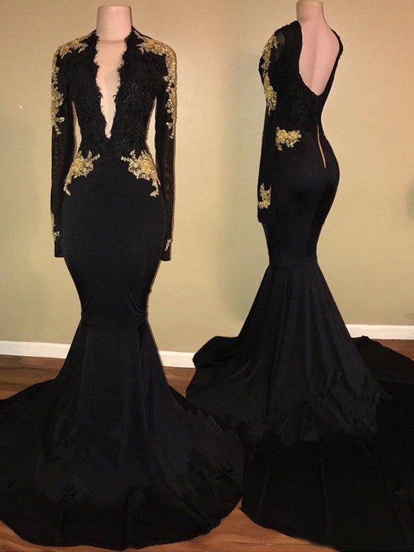 Vestidos de Baile de Espandex com Aplicação, Decote em V, Mangas Compridas e Tema de Sereia Deslumbrante