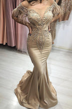 Magnifique robe longue de bal sirène à épaules dénudées avec manches