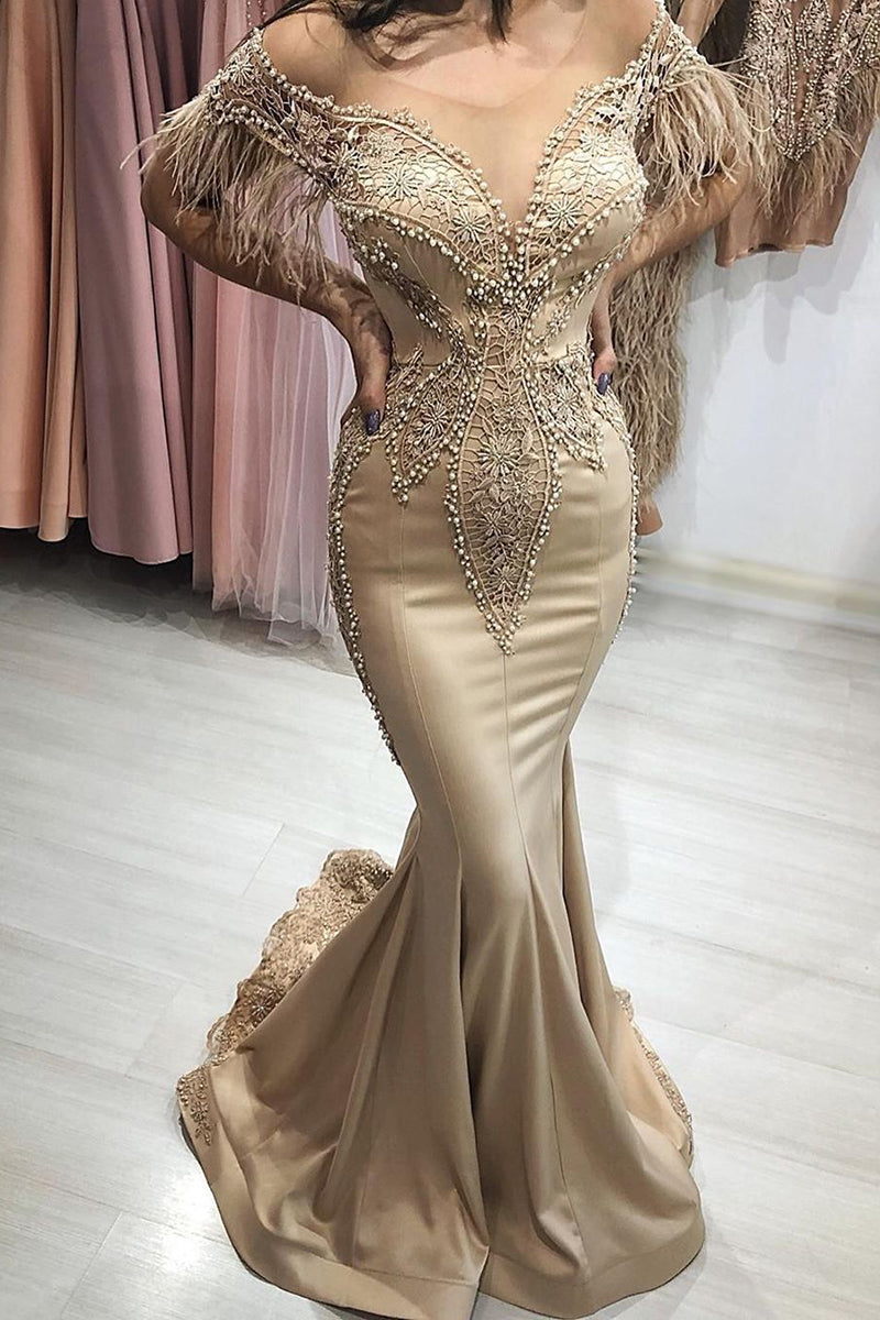 Magnifique robe longue de bal sirène à épaules dénudées avec manches