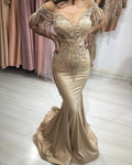 Magnifique robe longue de bal sirène à épaules dénudées avec manches