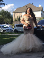 Superbe robe de bal grande taille en tulle, à manches longues, épaules dénudées, avec applications, traîne courte, style sirène