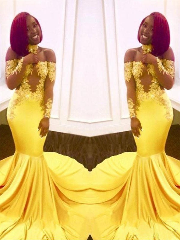 Superbe robe de bal sirène en satin tissé élastique avec manches longues et appliques, décolletée aux épaules