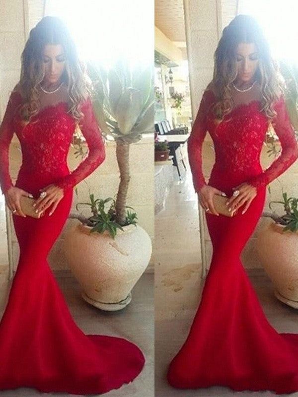 Vestidos de Baile Deslumbrantes de Sereia com Mangas Compridas Ombro a Ombro em Renda Elástica e Cetim Entrelaçado