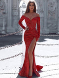Superbes robes de bal en satin à manches longues froncées et épaules dénudées style sirène
