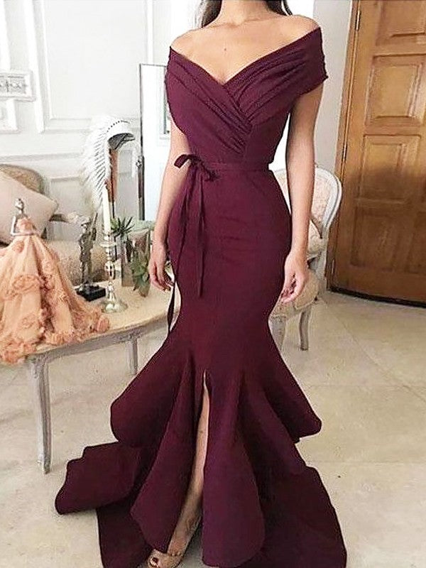 Superbes robes de bal sirène sans manches à épaules dénudées, longues jusqu'au sol, en crêpe extensible froncé