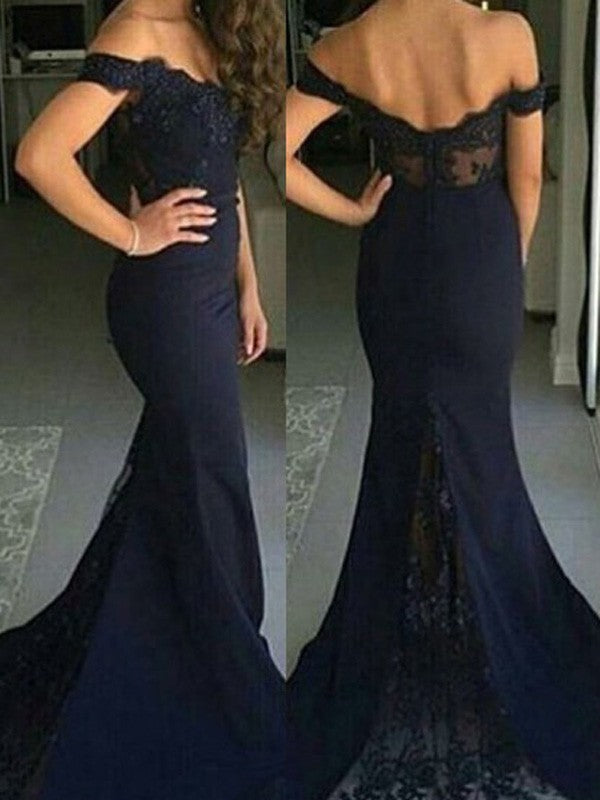 Vestidos de Baile Deslumbrantes de Cetim com Renda, Sem Mangas e Ombros Descobertos, Estilo Sereia