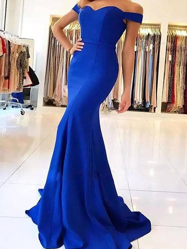 Vestidos de Baile de Cetim com Babados, Sem Mangas e Ombros Descobertos, Estilo Sereia Deslumbrante