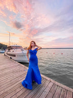 Superbes robes de bal sirène en satin à volants, sans manches et décolletées aux épaules