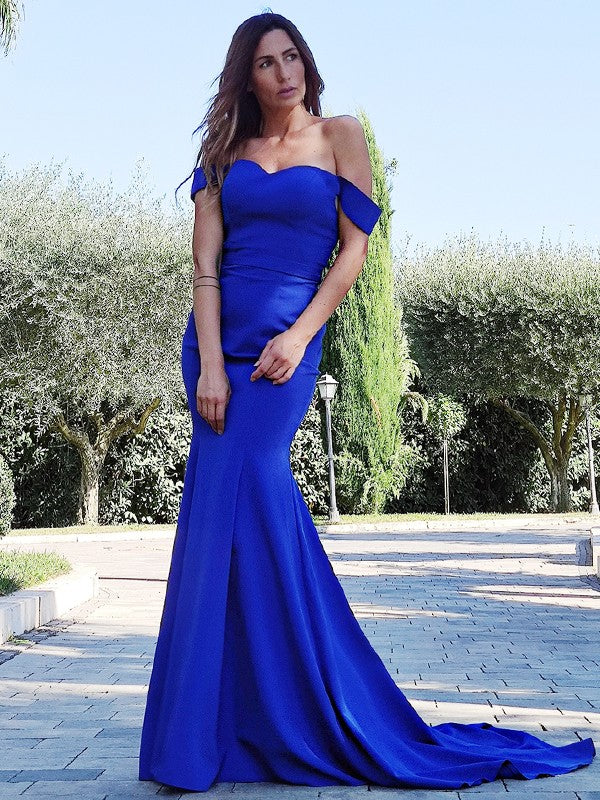 Superbes robes de bal sirène en satin à volants, sans manches et décolletées épaules dénudées