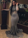 Robe de bal grande taille en satin tissé élastique, manches longues à encolure dégagée, ornement sirène magnifique, traîne courte