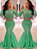 Superbe robe de bal deux pièces sirène à encolure dégagée avec manches longues, dentelle et volants