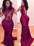 Hermosos vestidos de fiesta de sirena con escote redondo, de satén, sin mangas y con cuentas